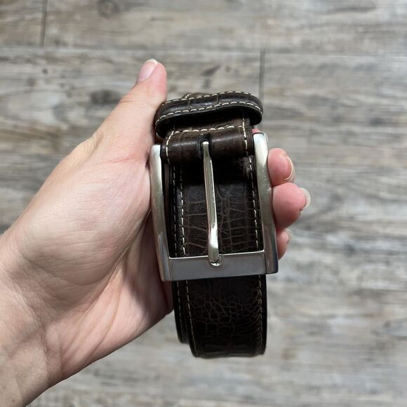 Torino Leather Belt Men's Brown Italian Embossed Calf 44 Silver - Picture 9 of 10